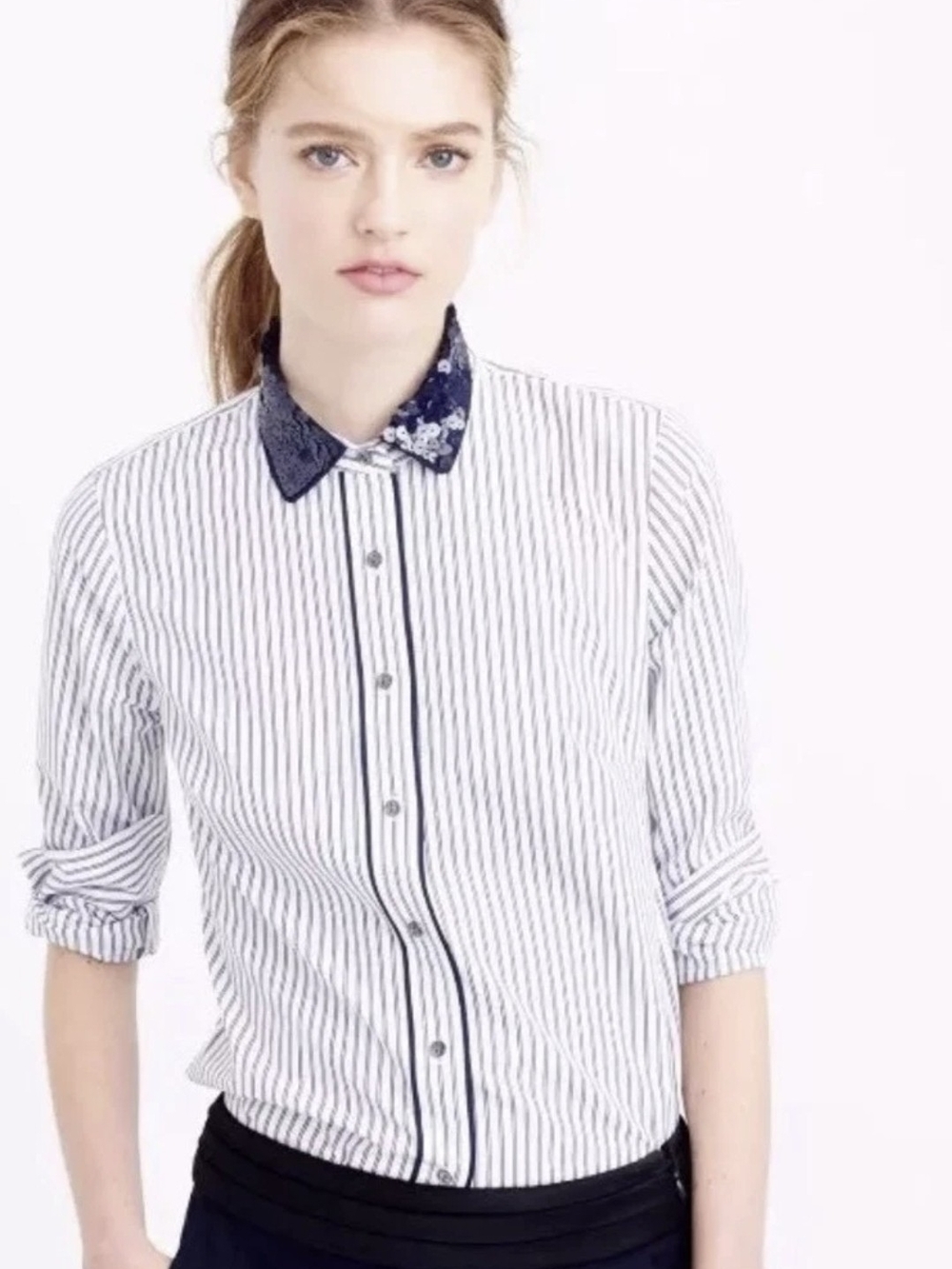 J.Crew Women's Perfect Shirt Blue White Stripe Button Down Sequin Collar Size 00